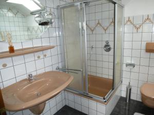 a bathroom with a sink and a shower at Eifel Panoramablick in Kelberg