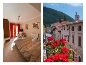 duas fotos de uma sala de estar com um sofá e flores vermelhas em Europa Casa Vacanze em Villetta Barrea