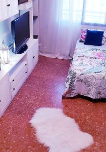a bedroom with a bed and a television and a white rug at Habitacion privada Valencia in Valencia