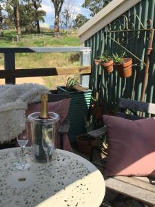 Rydal的住宿－Springmead Rustic Cabin，露台上的桌子和一瓶葡萄酒