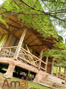 a building with a wooden roof with a tree at Ama Ecolodge in Puerto Misahuallí