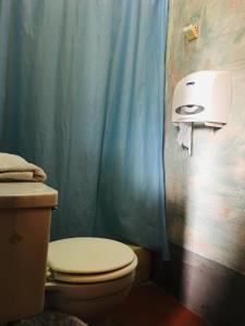 a bathroom with a toilet and a blue shower curtain at Dionisio Inn in Antigua Guatemala