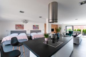 eine Küche und ein Wohnzimmer mit 2 Betten und einem Tisch in der Unterkunft VV hotel & apartments in Brünn