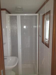 a bathroom with a shower and a sink at Northseachalets Ameland in Buren