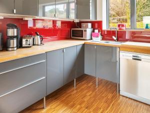 cocina con paredes rojas y electrodomésticos de acero inoxidable en Splendid Holiday Home in Freital with Sauna, en Freital