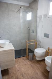 a bathroom with a shower and a toilet and a sink at La Casetta in Quartu SantʼElena