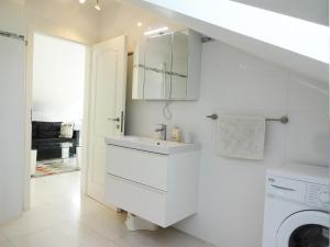 a white kitchen with a sink and a washing machine at Schöne Wohnungen am Bahnhof in Dachau - S-Bahn direkt zu München Zentrum in Dachau