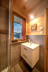 a bathroom with a sink and a shower at Gorczańskie Siedlisko in Ochotnica Górna