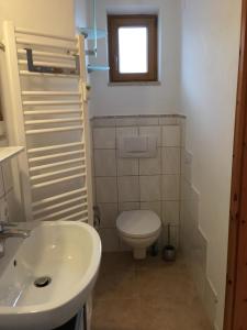 a bathroom with a white toilet and a sink at Ferienhaus Langer in Bad Endorf