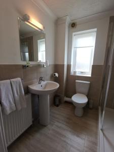 a bathroom with a sink and a toilet and a mirror at The River Haven Hotel in Rye