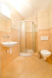 La salle de bains est pourvue d'une douche, d'un lavabo et de toilettes. dans l'établissement Willa Alga, à Władysławowo