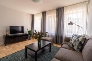 een woonkamer met een bank en een tv bij Lovely apartment in the city center in Kaunas