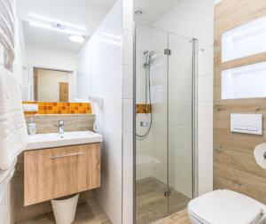 une salle de bain avec douche, lavabo et toilettes dans l'établissement Dozamel, à Kołobrzeg 24 autres photos