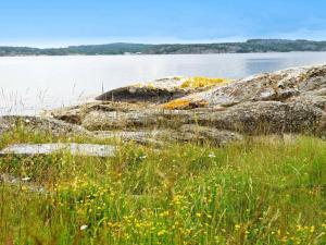 a field of grass with rocks and a body of water at 4 person holiday home in LYSEKIL in Brastad