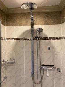 een badkamer met een douche en een glazen deur bij Macke`s Ferienwohnungen in Hahnenklee-Bockswiese