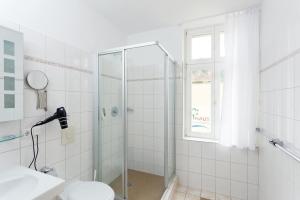 a bathroom with a shower and a toilet and a window at Maisonetten Apartment in Rheinsberg