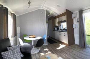 a living room with a table and a kitchen at Camping de Zandput - 604 in Vrouwenpolder