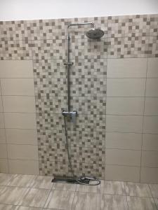 um chuveiro na casa de banho com uma parede de azulejos em Apartman Andjelina Lux Zlatibor em Zlatibor