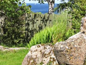 アリンエにある4 person holiday home in Allingeの大きな岩2つと木の柵のある庭園