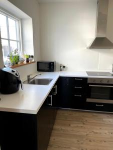 una cucina con lavello e microonde di Essenbaekgaard B&B a Assentoft