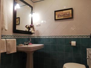 a bathroom with a sink and a mirror and a toilet at La Casa Madrona in Villacastín +35 photos