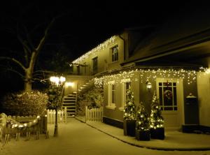 a house decorated with christmas lights and christmas trees at Landhaus Galke in Hude