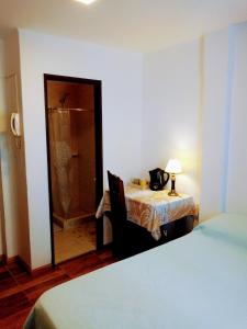 a room with a bed and a table with a lamp at Astoria Patagonia II habitaciones privadas in San Carlos de Bariloche
