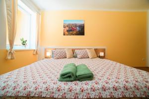 1 dormitorio con 1 cama y 2 toallas verdes en Penzion Zlatovláska u zámku Červená Lhota, en Jižná