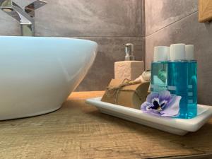 a bathroom counter with a sink and a bottle of soap at Acquamaris Tuerredda in Teulada