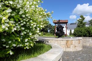 a bush with white flowers in front of a fountain at Pushkarskaya Sloboda in Suzdal