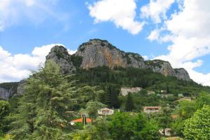 a mountain with trees and houses in front of it at Les châtaigniers du Thaurac in Saint-Bauzille-de-Putois