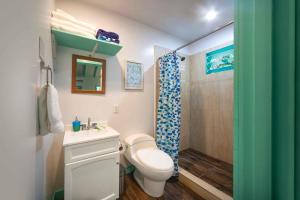 a bathroom with a toilet and a shower at Puerta Azul in Sandy Bay