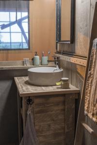 een badkamer met een wastafel en een spiegel bij Frei wie der Wind-Glamping in Dierhagen
