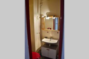 uma casa de banho com um lavatório e um espelho em HAVRE DE PAIX AU COEUR DES PYRENNEES A GUZET em Ustou