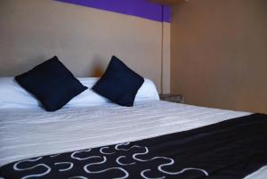 a bed with two blue pillows on top of it at Hotel Platino in Monterrey