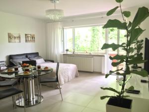 ein Wohnzimmer mit einem Sofa und einem Tisch mit einer Pflanze in der Unterkunft Apartment - zentrumsnah, eigener Parkplatz und großer Balkon ins Grüne in Baden-Baden