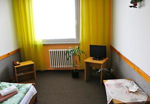 a room with two beds and a television and a window at Hotel Milotel in Olomouc