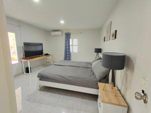 1 dormitorio con 1 cama y TV en The Blue Rim Vacation Cottage Khao Yai, en Pak Chong