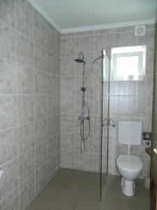 a bathroom with a shower and a toilet in it at Família-Pelso apartmanház in Zamárdi