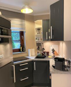 een keuken met zwarte kasten en een fornuis met oven bij Luxus Ferienwohnung Ausspann in Hahnenklee-Bockswiese