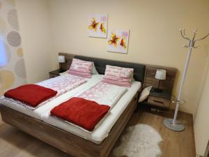 フラタッハにあるHaus Janschützのベッドルーム1室(ピンクと赤の毛布を使用したベッド2台付)