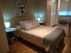 a bedroom with a bed with two tables and two lamps at Apartamento Playa Silgar in Sanxenxo