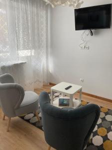 salon z 2 krzesłami i stołem w obiekcie Apartamentai Zarasai w mieście Jeziorosy