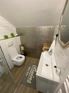 łazienka z białą umywalką i toaletą w obiekcie APARTMAN PAVIĆ w mieście Vinkovci