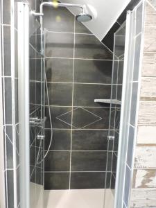 a bathroom with a shower with black tiles at Atypiques Confitures, Chambres d'Hôtes in Couffy +29 photos