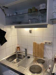 Il comprend une cuisine équipée d'un évier et d'une cuisinière. dans l'établissement Gemütliches Apartment in attraktiver Lage, à Göttingen