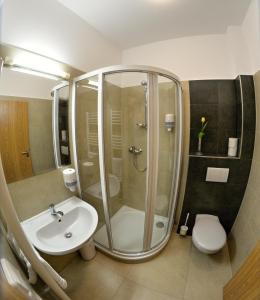 a bathroom with a shower and a sink and a toilet at Hotel Golf Jezera in Ostrožská Nová Ves