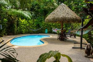 a swimming pool with a straw umbrella and a hammock at Las Brisas del Sur in Ojochal