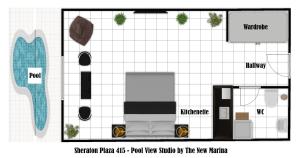 a floor plan of a room with a boat at Rare New Marina Hotspot With Pool & Fast Free WIFI - Western Standards - Sheraton Plaza 415 in Hurghada