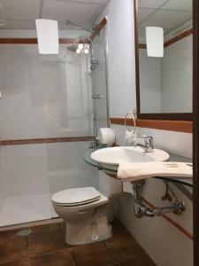 bagno con servizi igienici, lavandino e specchio di Casa de los Naranjos a Cordoba